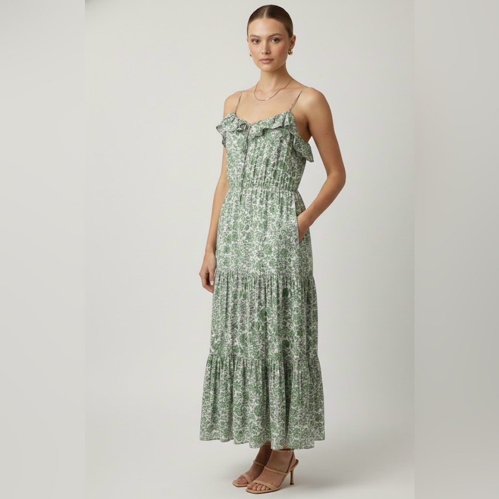 Jcrew Floral Maxi Tiered Ruffle Dress Green Victorian Coquette Cottage Resort M - Picture 3 of 9